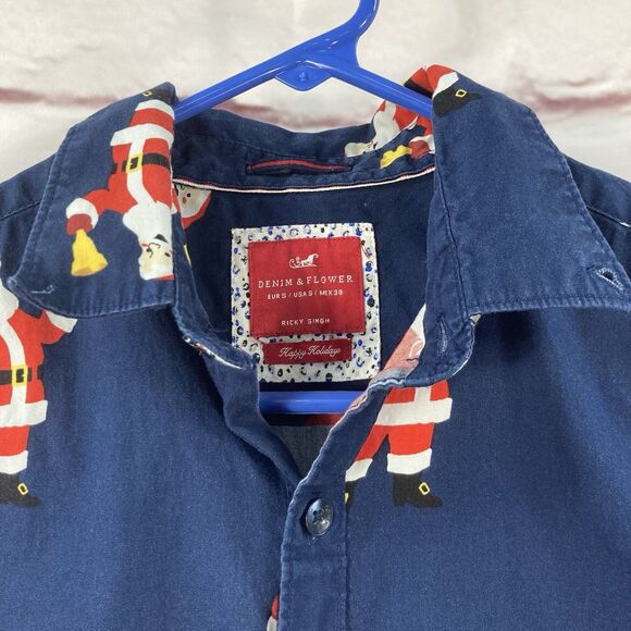 Denim & Flower Ricky Singh Santa Claus Button Up Short Sleeve Men’s-Medium Blue - Picture 3 of 13